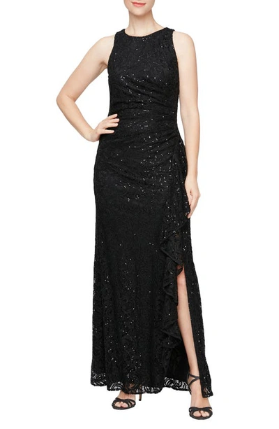 Alex Evenings Sequin Lace Cascading Ruffle Gown In Black