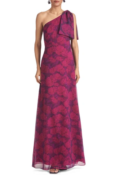 Sachin & Babi Chelsea Floral One-shoulder Chiffon Gown In Violet Garden