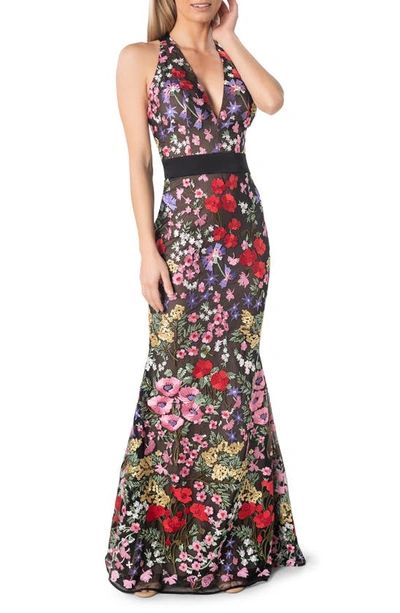 Dress The Population Camden Embroidered Floral Mermaid Gown In Rouge Multi