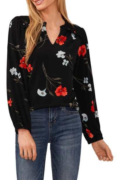 Cece Poppy Print Top In Rich Black
