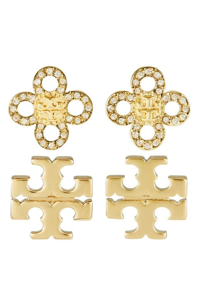 Tory Burch Kira Set Of 2 Stud Earrings In Tory Gold / Crystal