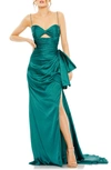Mac Duggal Strapless Cut Out Side Bow Gown In Teal