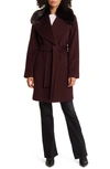 Via Spiga Belted Wool Blend Wrap Coat With Faux Fur Hood In Burgundy