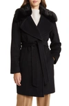 Via Spiga Belted Wool Blend Wrap Coat With Faux Fur Hood In Black