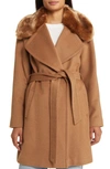 Via Spiga Belted Wool Blend Wrap Coat With Faux Fur Hood In Camel