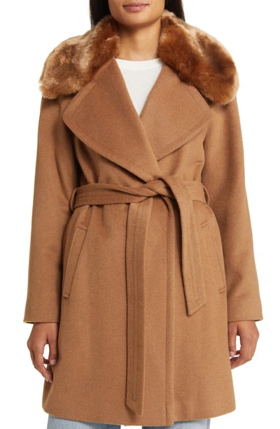 Via Spiga Belted Wool Blend Wrap Coat With Faux Fur Hood In Camel