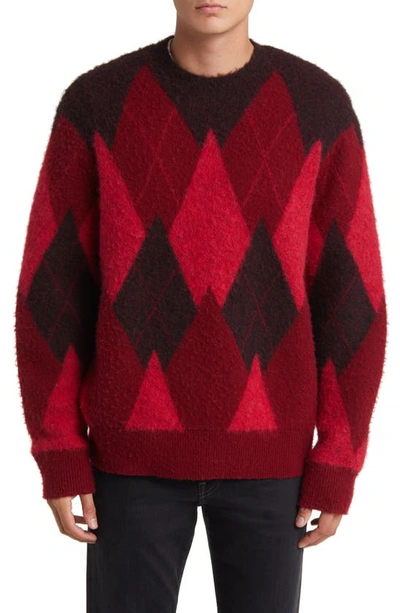 Allsaints Harley Brushed Argyle Crew Neck Sweater In Red | ModeSens