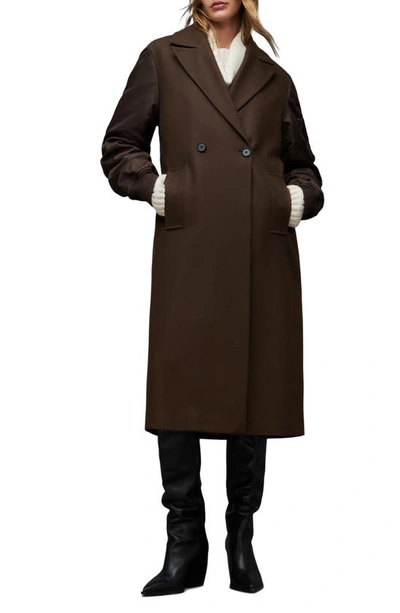 Allsaints Paulah Mixed Media Coat In Chocolate Brown