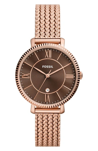 Fossil Women's Jacqueline Three-hand Date Rose Gold-tone Stainless Steel Mesh Watch 36mm In Rose Gold Tone