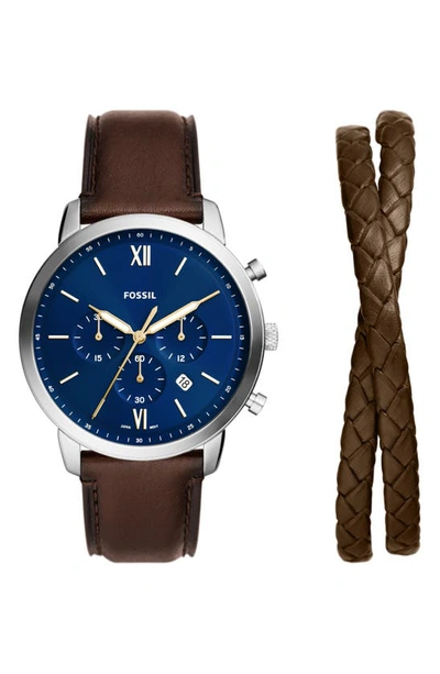 Fossil Men's Neutra Chronograph Brown Leather Watch 44mm And Bracelet Box Gift Set In Blue / Brown / Gold Tone