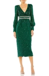 Mac Duggal Sequin Long Sleeve Body-con Midi Cocktail Dress In Emerald