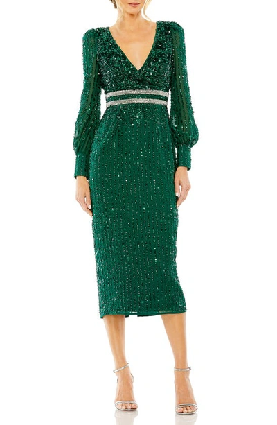 Mac Duggal Sequin Long Sleeve Body-con Midi Cocktail Dress In Emerald