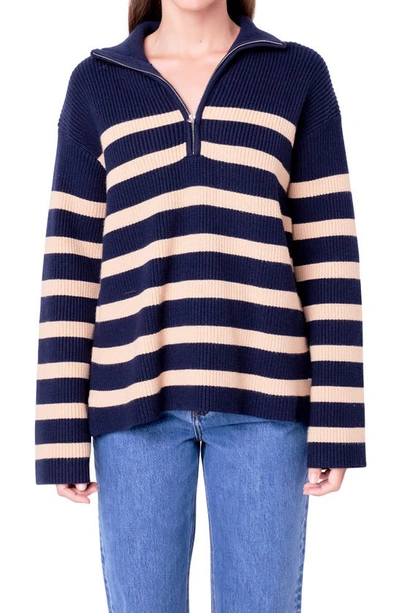 English Factory Striped Half Zip Sweater Navy/camel In Navy,camel