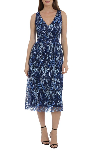 Maggy London Woodland Sequin Embroidered Sleeveless Midi Dress In Blue Multi