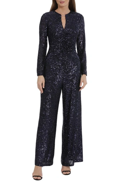 Maggy London Ruched Bodice Sequin Long Sleeve Wide Leg Jumpsuit In Navy