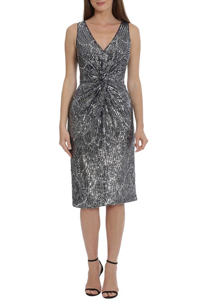 Maggy London Twist Front Sequin Cocktail Dress In Navy/ Silver