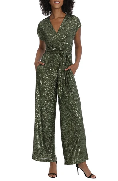 Maggy London Sequin Tie Waist Wide Leg Jumpsuit In Olive
