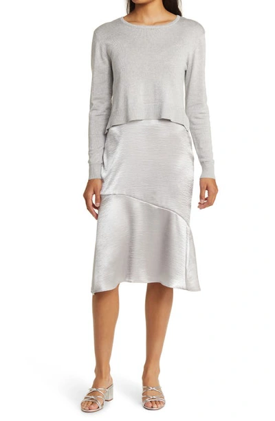 Sam Edelman Satin Slipdress With Metallic Sparkle Boat Neck Jumper In Platinum