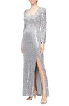 ALEX & EVE SEQUIN PUFF SHOULDER LONG SLEEVE GOWN