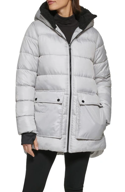 Kenneth Cole New York Faux Shearling Lined Hood Channel Quilted Puffer Parka Jacket In Pearl