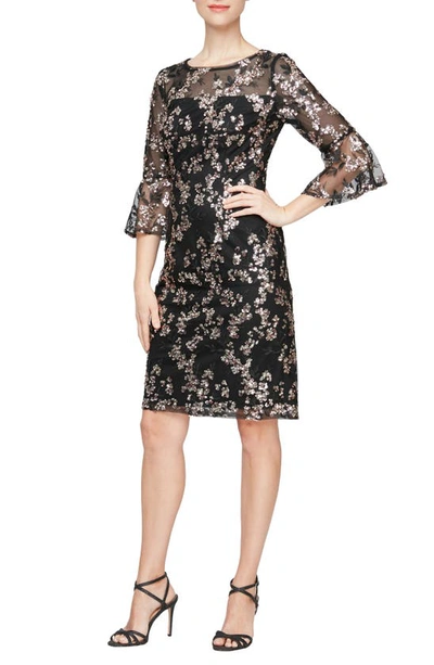 Alex Evenings Floral Embroidered Sheath Dress In Black/copper