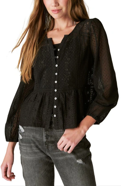 Lucky Brand Front Button Lace Peplum Top In Caviar