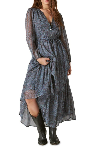 Lucky Brand Metallic Print Long Sleeve Chiffon Maxi Dress In Flint Stone Multi