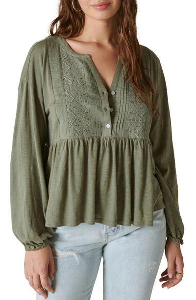 Lucky Brand Beaded Embroidered Pintuck Top In Balsam Green