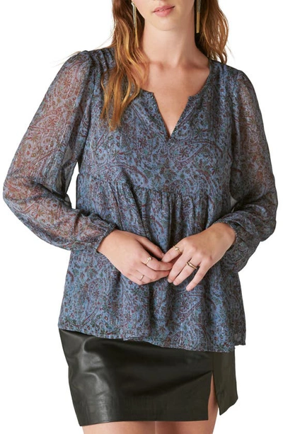 Lucky Brand Paisley Split Neck Peasant Top In Blue Multi