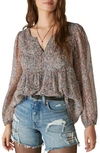 Lucky Brand Paisley Split Neck Peasant Top In Pink Multi