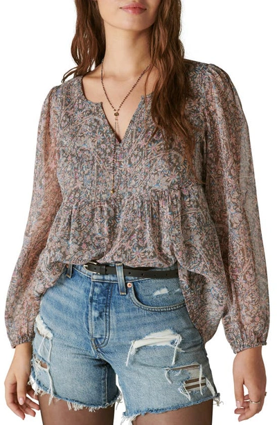 Lucky Brand Paisley Split Neck Peasant Top In Pink Multi