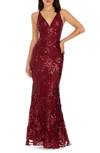 Dress The Population Dress The Poppulation Sharon Embellished Lace Evening Gown In Burgundy