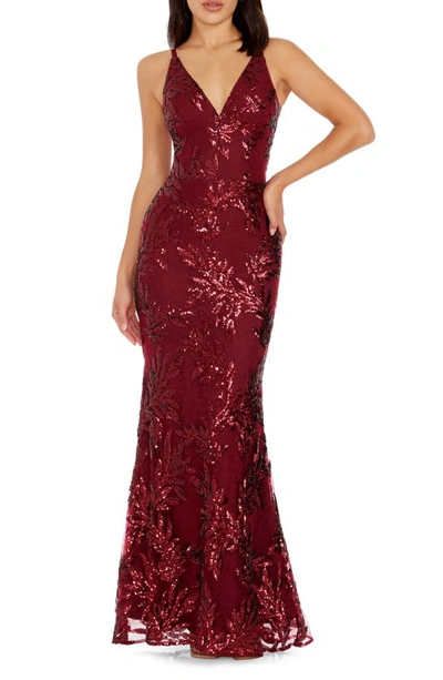 Dress The Population Dress The Poppulation Sharon Embellished Lace Evening Gown In Burgundy