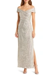 Vince Camuto Sequin Off The Shoulder Gown In Silver