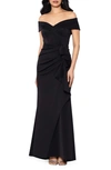 Xscape Off The Shoulder Ruffle Scuba Gown In Black