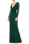 Mac Duggal Sequin Long Sleeve Trumpet Gown In Dark Emerald