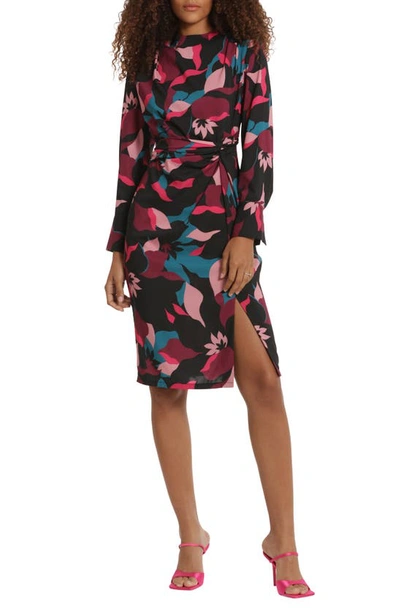 Donna Morgan For Maggy Print Twisted Long Sleeve Dress In Black/ Wine