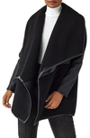 Spanx ® Fleece & Faux Leather Long Wrap Jacket In Very Black/ Very Black