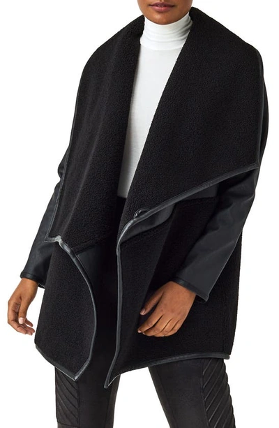 Spanx Fleece & Faux Leather Long Wrap Jacket In Very Black/ Very Black