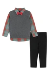 Andy & Evan Kids' Toddler/child Boys Holiday Check Button-down W/vest Set In Light,pastel Grey