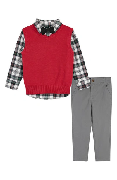 Andy & Evan Kids' Boy's Holiday Check-print Bodysuit W/ Waistcoat & Trousers Set In White Plaid