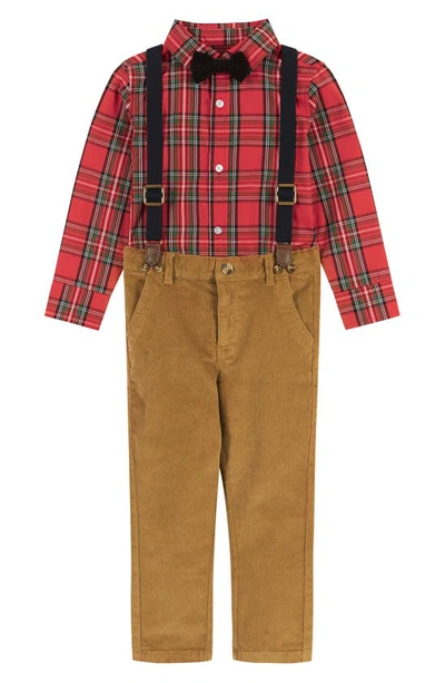 Andy & Evan Kids' Plaid Flannel Shirt, Suspender Pants & Bow Tie Set In Red Plaid
