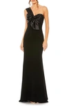 Mac Duggal Half-bow Bodice Trumpet Satin Gown In Black In Black