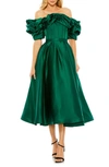 Mac Duggal Ruffle Off The Shoulder Satin Midi Cocktail Dress In Emerald