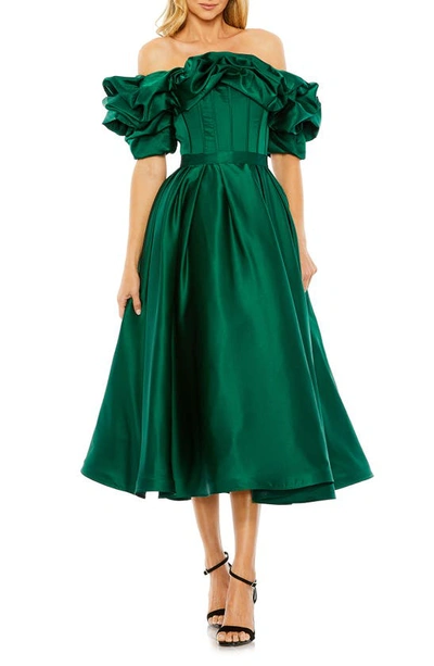 Mac Duggal Ruffle Off The Shoulder Satin Midi Cocktail Dress In Emerald