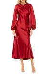 Ieena For Mac Duggal Embellished Neck Long Sleeve Satin Cocktail Dress In Wine