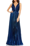 Mac Duggal Plunge Neck Pleated Metallic Gown In Sapphire