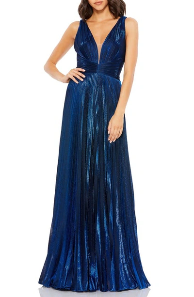 Mac Duggal Metallic Pleated Plunge Gown In Sapphire