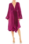 Mac Duggal Long Flare Sleeve Pleated Dress In Berry