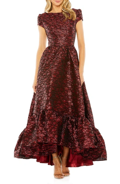 Mac Duggal Puff Sleeve Brocade High-low Cocktail Dress In Ruby